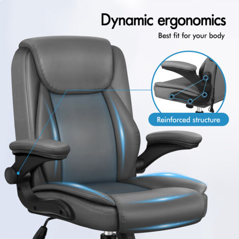 ELFORDSON Massage Office Chair for Home, Executive Comfy Office Chairs with 90° Flip-up Armrests, Adjustable Height, Swivel, PU Leather, Grey