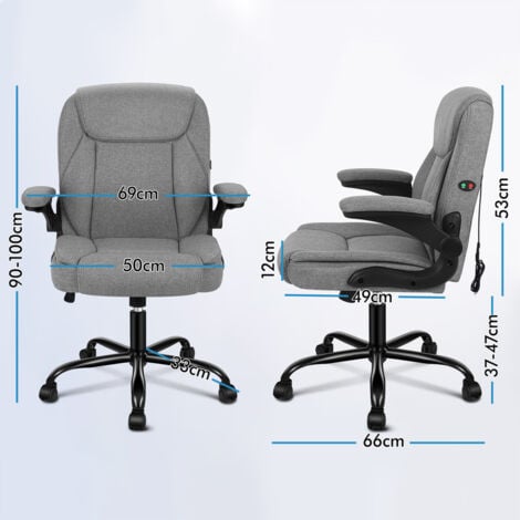 ELFORDSON Massage Office Chair for Home, Executive Comfy Office Chairs with 90° Flip-up Armrests, Adjustable Height, Swivel, Fabric Linen, Grey