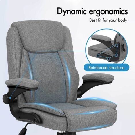 ELFORDSON Massage Office Chair for Home, Executive Comfy Office Chairs with 90° Flip-up Armrests, Adjustable Height, Swivel, Fabric Linen, Grey