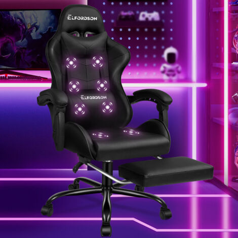 ELFORDSON Massage Gaming Chair, Ergonomic Computer Office Chairs, Footrest, High Back 150° Reclining, PU Leather, Black