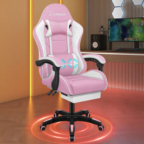 ELFORDSON Gaming Chair with 2-Point Massage Lumbar Cushion Fabric, Pink, 150° Reclining, 360° Swivel