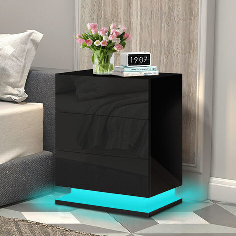 ELFORDSON Bedside Table RGB LED Nightstand 3 Drawers 4 Side High Gloss Black