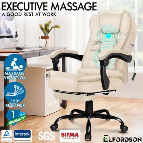ELFORDSON Massage Office Chair with Footrest Executive Gaming Seat Leather Cream