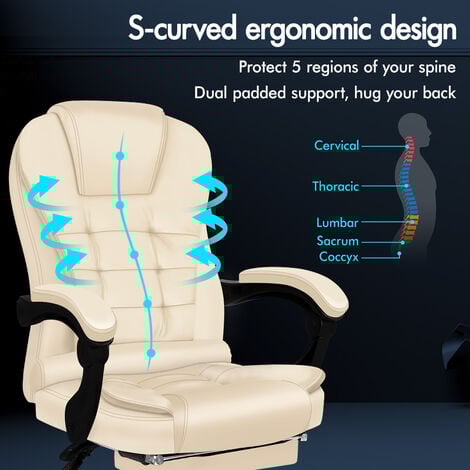 ELFORDSON Massage Office Chair with Footrest Executive Gaming Seat Leather Cream