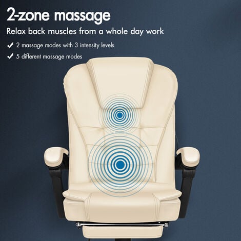 ELFORDSON Massage Office Chair with Footrest Executive Gaming Seat Leather Cream