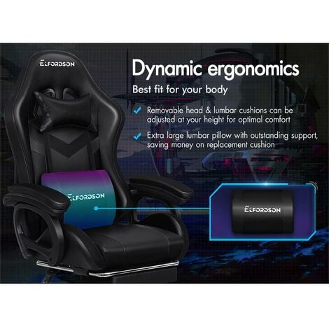 ELFORDSON Gaming Office Chair with RGB LED Light 8-Point Massage, Black