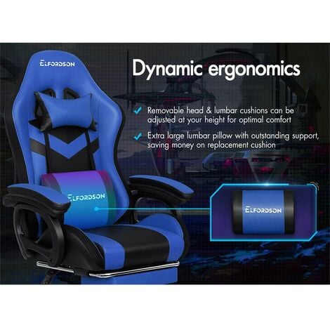 ELFORDSON Gaming Office Chair with RGB LED Light 8-Point Massage, Blue & Black