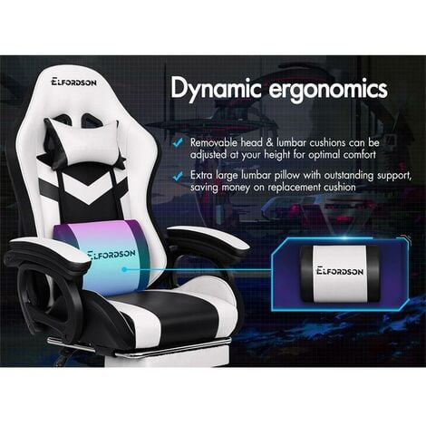 ELFORDSON Gaming Office Chair with RGB LED Light 8-Point Massage, White & Black