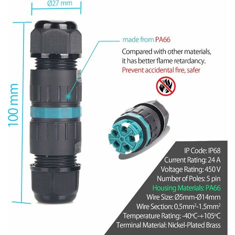 Connecteur Étanche IP68, 2/3/4 Broches, 15A, AC DC, 10mm, TUV