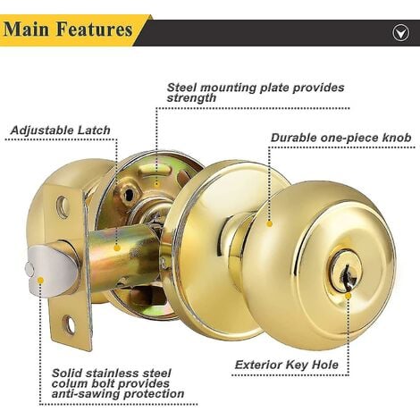 Serrure de poignée de porte d'entrée en or avec clé serrure de porte  intérieure poignée de porte ronde porte d'entrée en laiton