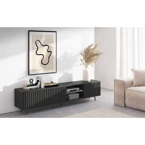 Selsey BELLO - Meuble TV 3 portes led - 175 cm - noir avec pieds noirs