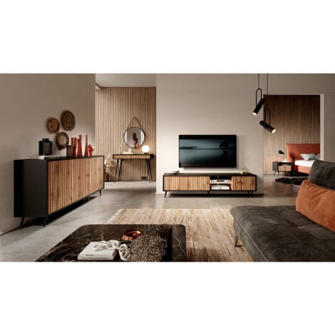 Selsey Bello - Meuble TV avec façades à lamelles - 175 cm - noir / chêne wotan avec led