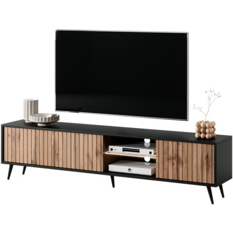Selsey Bello - Meuble TV avec façades à lamelles - 175 cm - noir / chêne wotan avec led