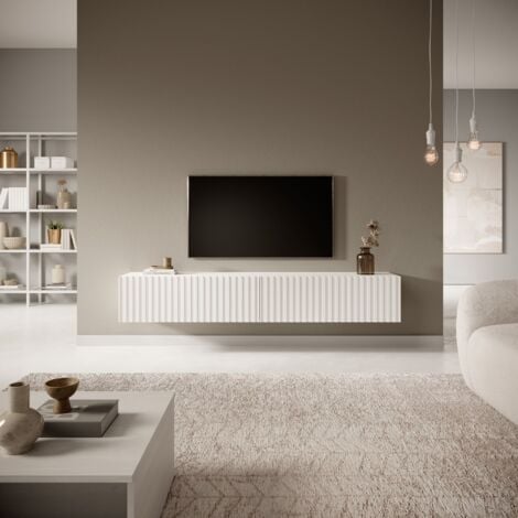 Selsey TELIRE - Meuble TV 2 portes - 175 cm - Blanc avec façade à lattes
