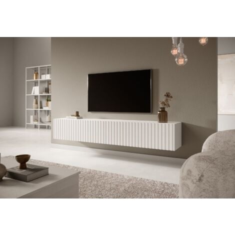 Selsey TELIRE - Meuble TV 2 portes - 175 cm - Blanc avec façade à lattes