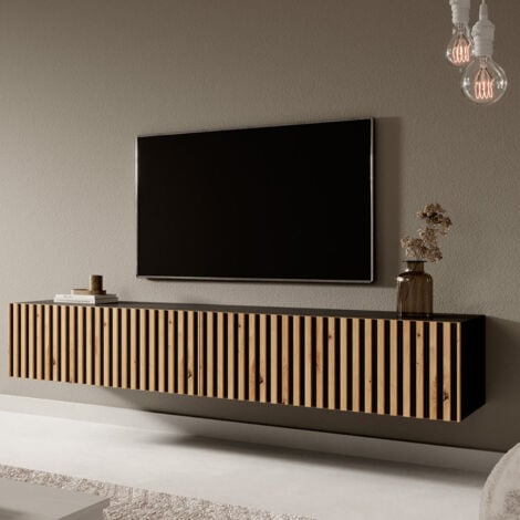 Selsey TELIRE - Meuble TV 175 cm noir avec façade artisanale chêne fraisé