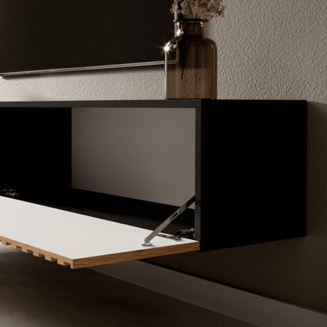 Selsey TELIRE - Meuble TV 175 cm noir avec façade artisanale chêne fraisé