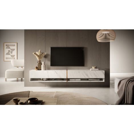 Selsey MIRRGO - Meuble TV 200 cm marbre blanc avec insert d'or
