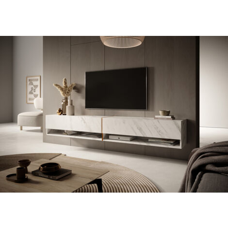 Selsey MIRRGO - Meuble TV 200 cm marbre blanc avec insert d'or