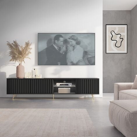 Selsey Bello - Meuble tv led 175 cm noir, façades à lamelles et pieds dorés