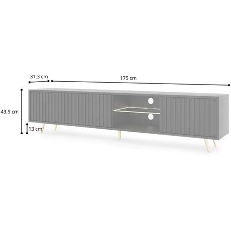 Selsey Bello - Meuble tv led 175 cm noir, façades à lamelles et pieds dorés