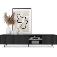 Selsey – Meuble TV 3 portes led 175 cm – Noir avec pieds en acier – Éclairage LED intégré – Rangement optimisé pour écran jusqu'à 75''