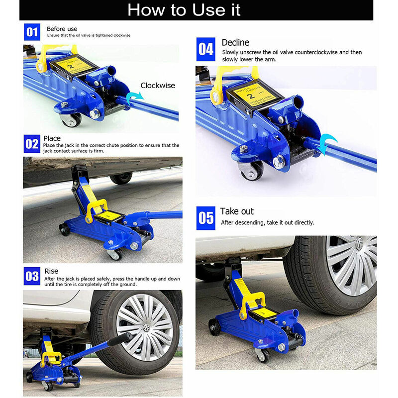 Hydraulic Trolley Floor Jack with 5.31 12.6 inch Adjustable Height Car 2 Tonne Kit 4 Castors Carry Handle Lift W Case for Cars Light Vans