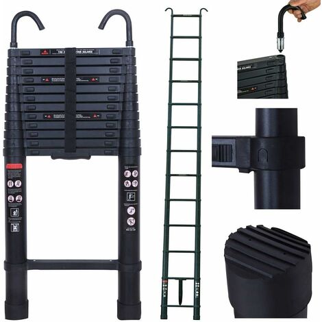 16FT Telescoping Ladder Aluminum Telescopic Extension Ladder with 2 Detachable Hooks, 2.8" Roof Hooks, Collapsible Ladder Fully Extended 197", Multi-Purpose Ladders for Home, 330 Lb Capacity, EN131