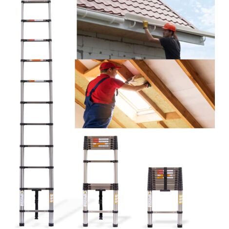 3.2M Telescopic Folding Ladder 10.5FT Multi-Purpose Stainless Steel Telescoping Ladder Extendable Portable Sturdy Loft Ladder with EN131 & CE Standard for Draw Wall Replace Bulb Clean Window Repair Ro