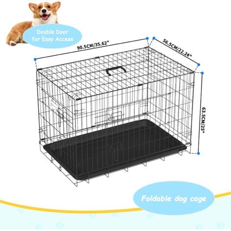 Dog Puppy Cage,2 Door Dog Crate Home or Travel Folding Metal Dog Cage with Non-Chew Metal Tray and Carrier Handle,36 inch Black Foldable Cage Animal Transport Carrier,Heavy Duty Box Pet Kennel Crates