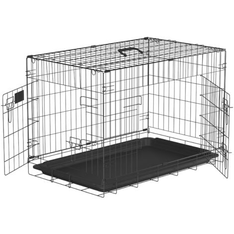Dog Puppy Cage,2 Door Dog Crate Home or Travel Folding Metal Dog Cage with Non-Chew Metal Tray and Carrier Handle,36 inch Black Foldable Cage Animal Transport Carrier,Heavy Duty Box Pet Kennel Crates