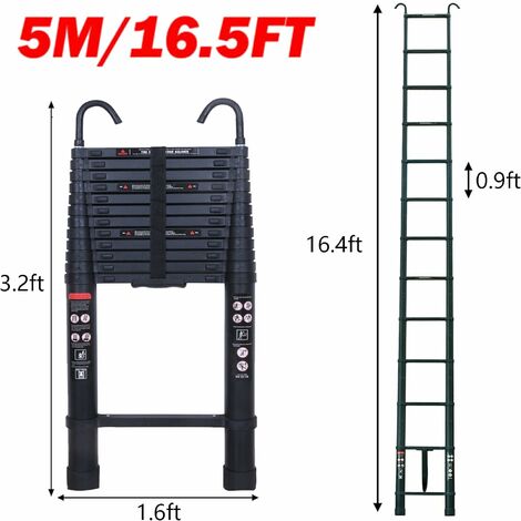 Telescoping Ladder with 2 Detachable Roof Hooks, 16 FT Aluminum Extension Ladder Step Ladders Loft Ladder Attic Ladder Collapsible Ladders for Home, Multi-Purpose Telescopic Ladder
