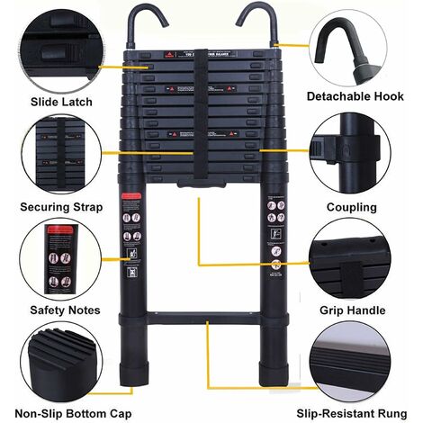 Telescoping Ladder with 2 Detachable Roof Hooks, 16 FT Aluminum Extension Ladder Step Ladders Loft Ladder Attic Ladder Collapsible Ladders for Home, Multi-Purpose Telescopic Ladder