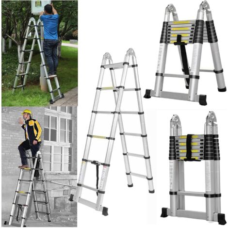 12.5FT Extendable Aluminum Professional Use Telescoping Ladder Telescopic Folding Ladder Extension 1.9m+1.9m A-Frame 3.8m Ladder with Stabilizer Bar for Building Maintenance Window Cleaning Decoration (1/5)