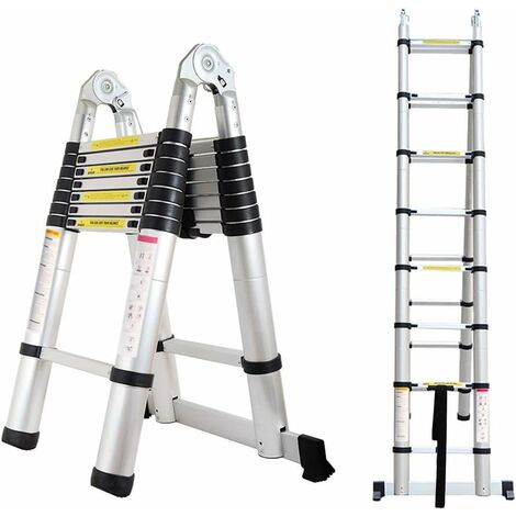 Telescopic Folding Step Ladder 5m with Stabiliser Bar Multi-purpose Folding Ladder - A-frame Ladder & Straight Ladder for Indoor Outdoor, Portable Aluminium Ladder EN131, 150 kg Capacity Max Load