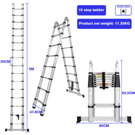 Telescopic Folding Step Ladder 5m with Stabiliser Bar Multi-purpose Folding Ladder - A-frame Ladder & Straight Ladder for Indoor Outdoor, Portable Aluminium Ladder EN131, 150 kg Capacity Max Load