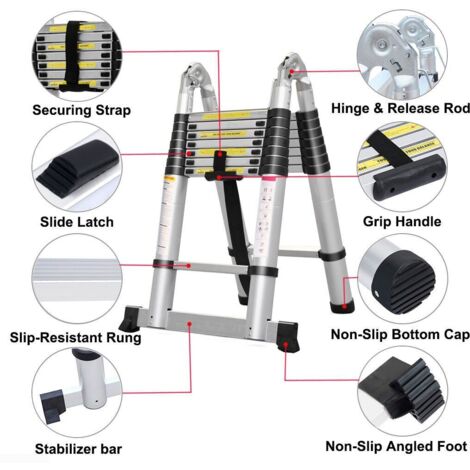 Telescopic Folding Step Ladder 5m with Stabiliser Bar Multi-purpose Folding Ladder - A-frame Ladder & Straight Ladder for Indoor Outdoor, Portable Aluminium Ladder EN131, 150 kg Capacity Max Load
