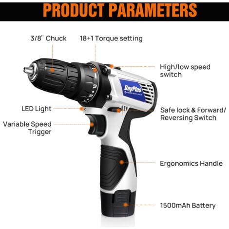 Cordless Drill Electric Screwdriver Handheld Drill 2-Speed Rechargeable 2x Battery