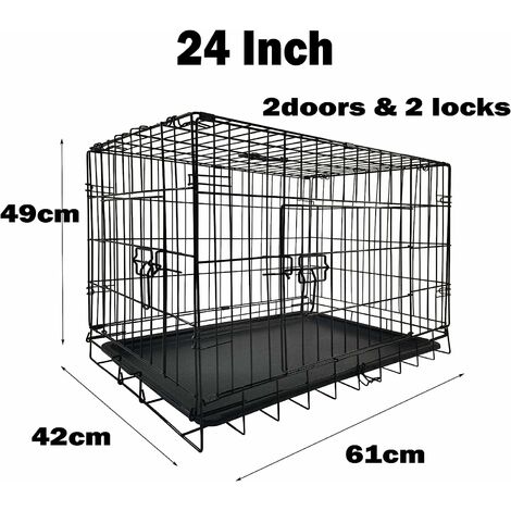 Dog Puppy Cage Medium 24 inch Black Folding 2 Door 2 Locks Crate Heavy Duty Animal