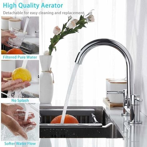 Kitchen Sink Mixer Taps 2 Hole Dual Lever Cold and Hot Mixer Tap, Modern 360��Swivel Spout Kitchen Sink Taps Brass Chrome Basin Faucet with UK Standard Fittings 1/4 Turn
