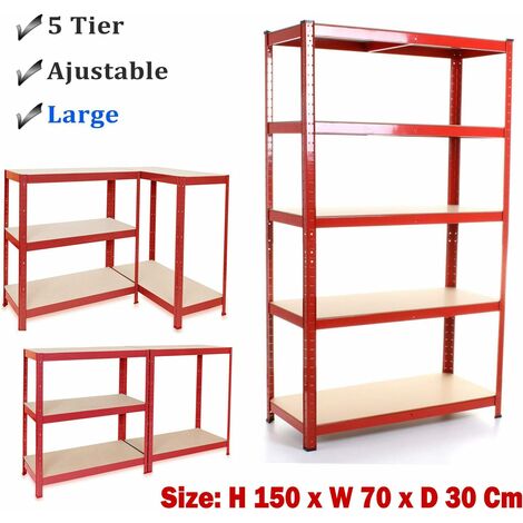 Heavy-Duty 5-Tier Garage Storage Shelving Unit – 150cm X 70cm X 30cm, Red, Boltless Metal & MDF Shelves, 875kg Total Capacity