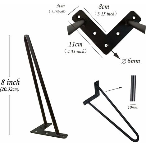 8 inch Metal Table Legs 20cm Hairpin Leg Black 2 Rod 10mm Mid Century Modern Industrial Style for Wardrobes Sofas Drawers Cabinet DIY Furniture w/Protector Feet & Screw (Set of 4)