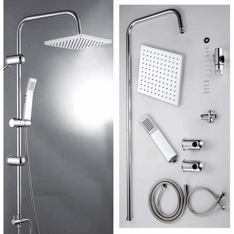 Modern Chrome Riser Rail Mixer Shower Square Head Kit for Bathroom, Stainless Steel Hose, with Fittings