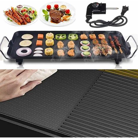 1500W Electric Teppanyaki Grill Tabletop Hot Griddle for Kitchen Dinner Party Camping Festival Cooking, Multipurpose Electric Smoke- free BBQ Grill with 5 Levels Control, Honeycomb / Stripe Surface