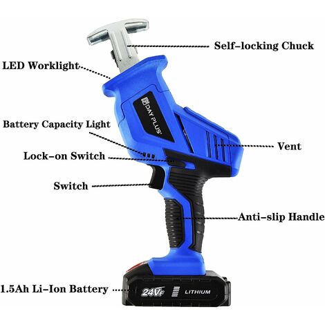 Reciprocating Saw, Cordless Electric Saw with 1500mAh Batteries, 0-3000rpm Variable Speed Metal Wood Tree Saw with 5 PCS Saw Blades & LED Light