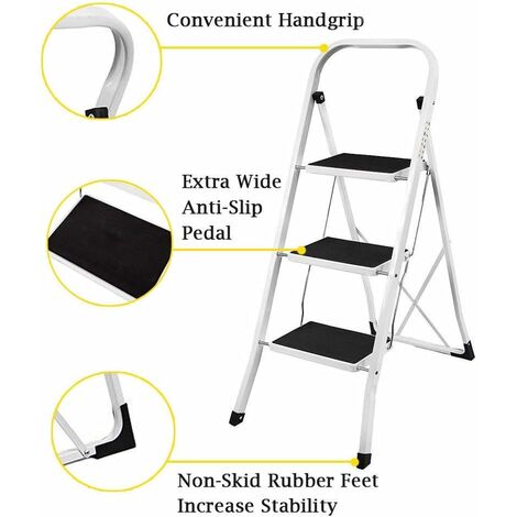 Foldable 3 Step Ladder Stepladder Non Slip Tread Safety Steel