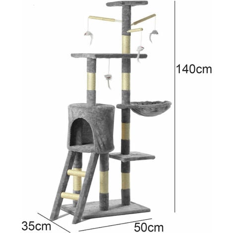 146cm Cat Tower with Sisal Scratching Posts, Multi Level Cat House, Large Cat Climbing Frame with House, Ladder and Hammock for Indoor Cats and Kittens – Grey