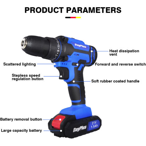 Dayplus 21V Cordless Drill/Driver Set - 3/8" Keyless Chuck, 45Nm Torque, LED, Case