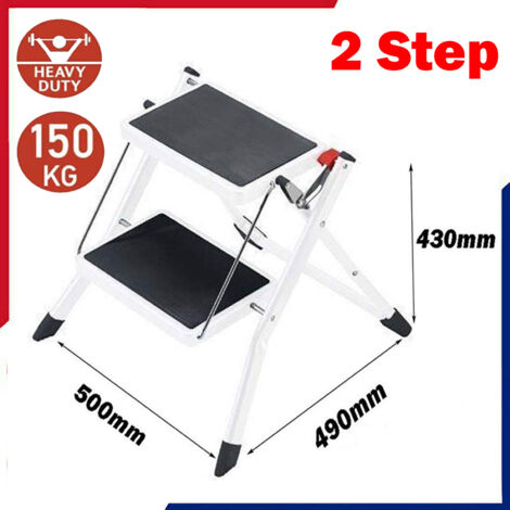 2-Step Folding Ladder Stepladder, Portable Ladder with Non-Slip Feet, Collapsible for Compact Storage, Lightweight Steps, Strong Steel Structure with Safety Clip, 150kg Capacity