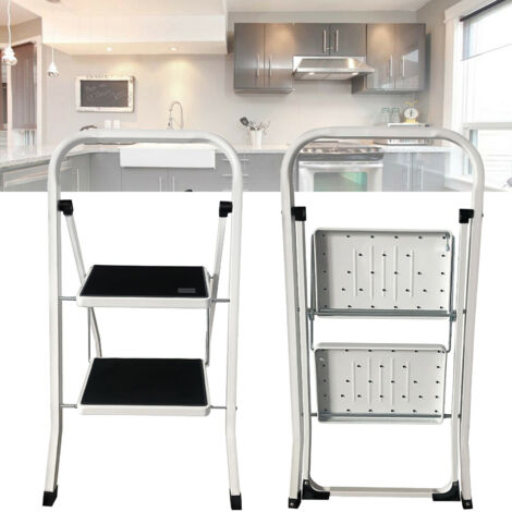 2 Step Ladder Heavy Duty Steel, Mini Small And Compact Folding Steps 2 Large Steps With Safety Anti-Slip Mat Tread, 150 KG Capacity